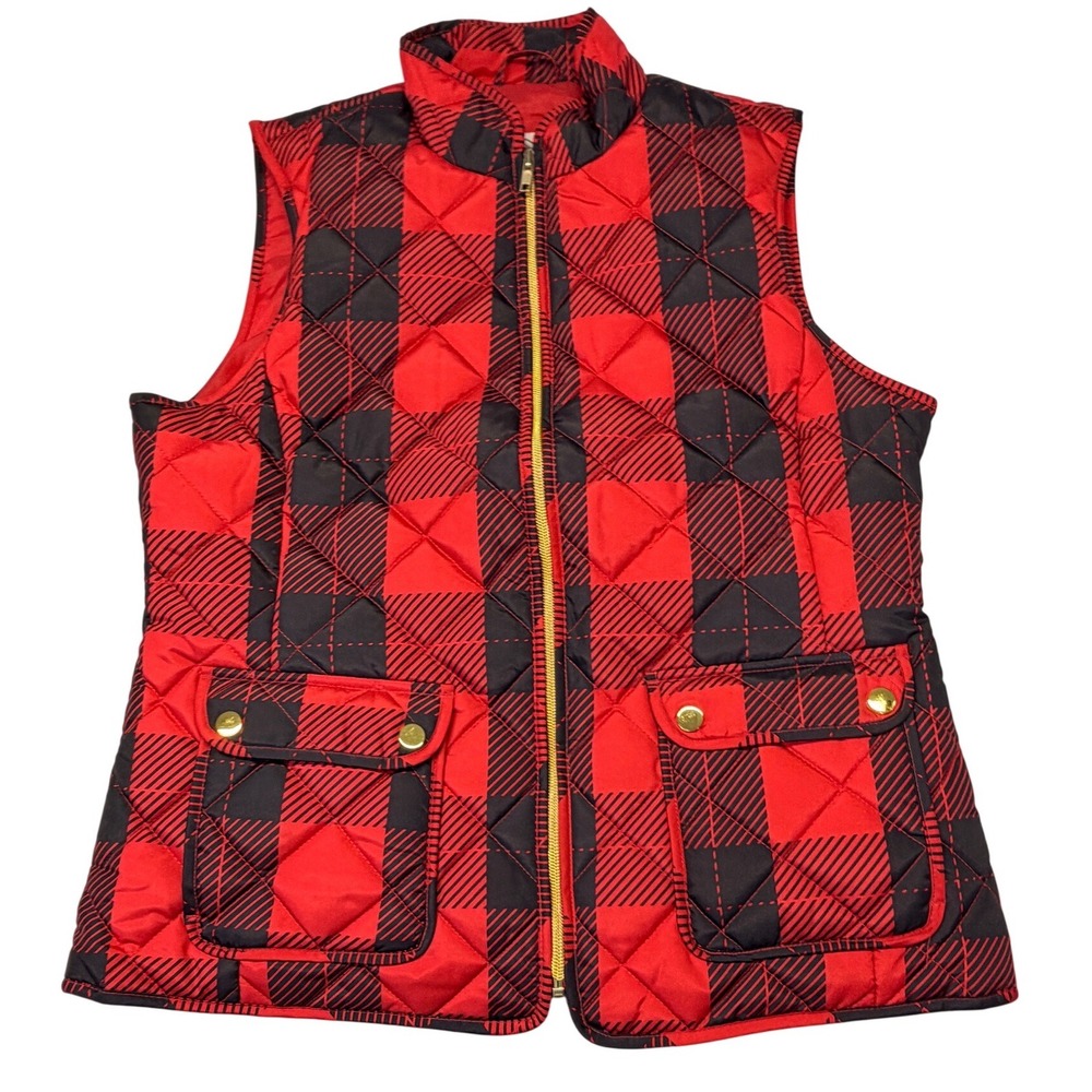 St Johns Bay Womens Medium Red Black Buffalo Plaid Quilted Puffer Vest Gold Zip